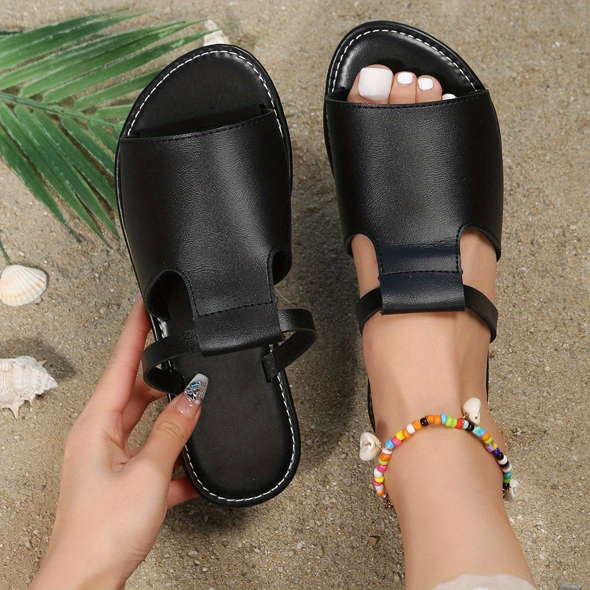 Womens Comfortable Casual Slippers - Stylish Black Open Toe Non-Slip Slides - Durable Outdoor & Beach Ready, Quick-Dry Slip-On Shoes