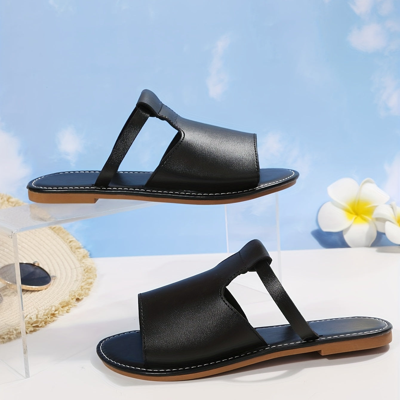 Womens Comfortable Casual Slippers - Stylish Black Open Toe Non-Slip Slides - Durable Outdoor & Beach Ready, Quick-Dry Slip-On Shoes