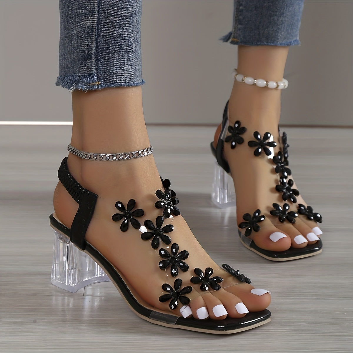 Women's Wide Width High-Heel Sandals with nkle Strap & TPU Platform - Beige/Golden Flower-dorned Toe, White -like Beads - Slip-On Chunky Block Heels for Weddings, Parties, Beach - -Season Dress, High Heels For Women, High Hee