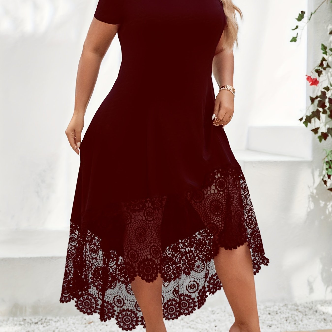 Chic Plus Size Womens Casual Dress - Fashionable Solid Color with Contrast Lace Trim, Cold Shoulder Design, Asymmetrical Hem, Medium Stretch for Flattering Comfort