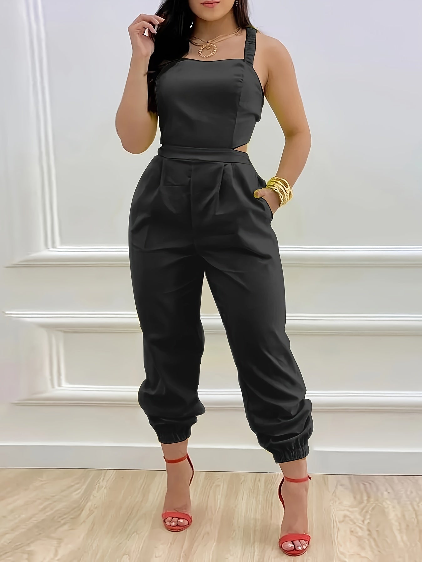 Chic Backless Sleeveless Jumpsuit with Slant Pockets - Perfect for Spring & Summer - Fashionable Womens Casual Wear