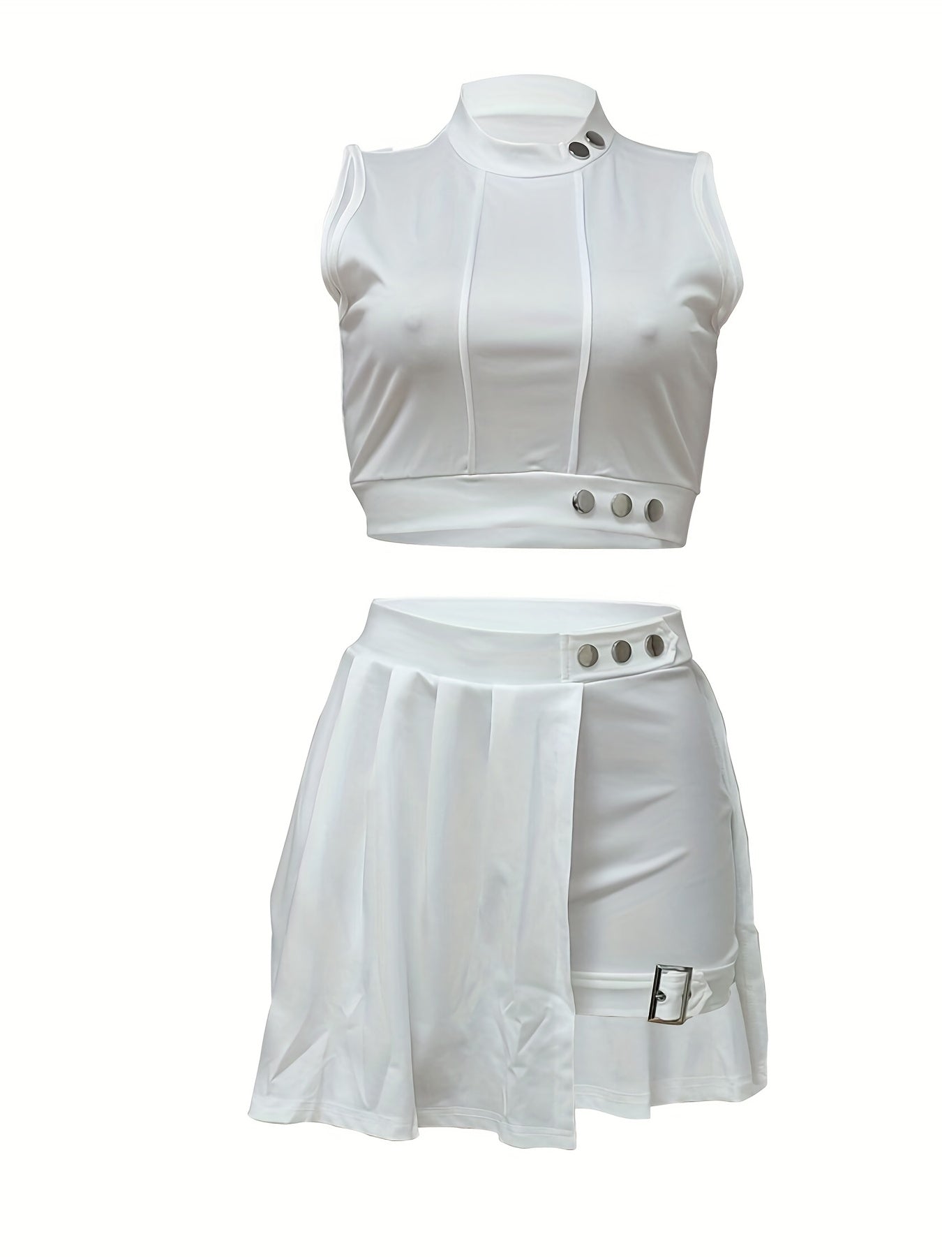 Chic Mock Neck Crop Tank & High Waist Skirt Set - Fashionable Button Detail, Womens Casual Two-piece Outfit for Everyday Glamour