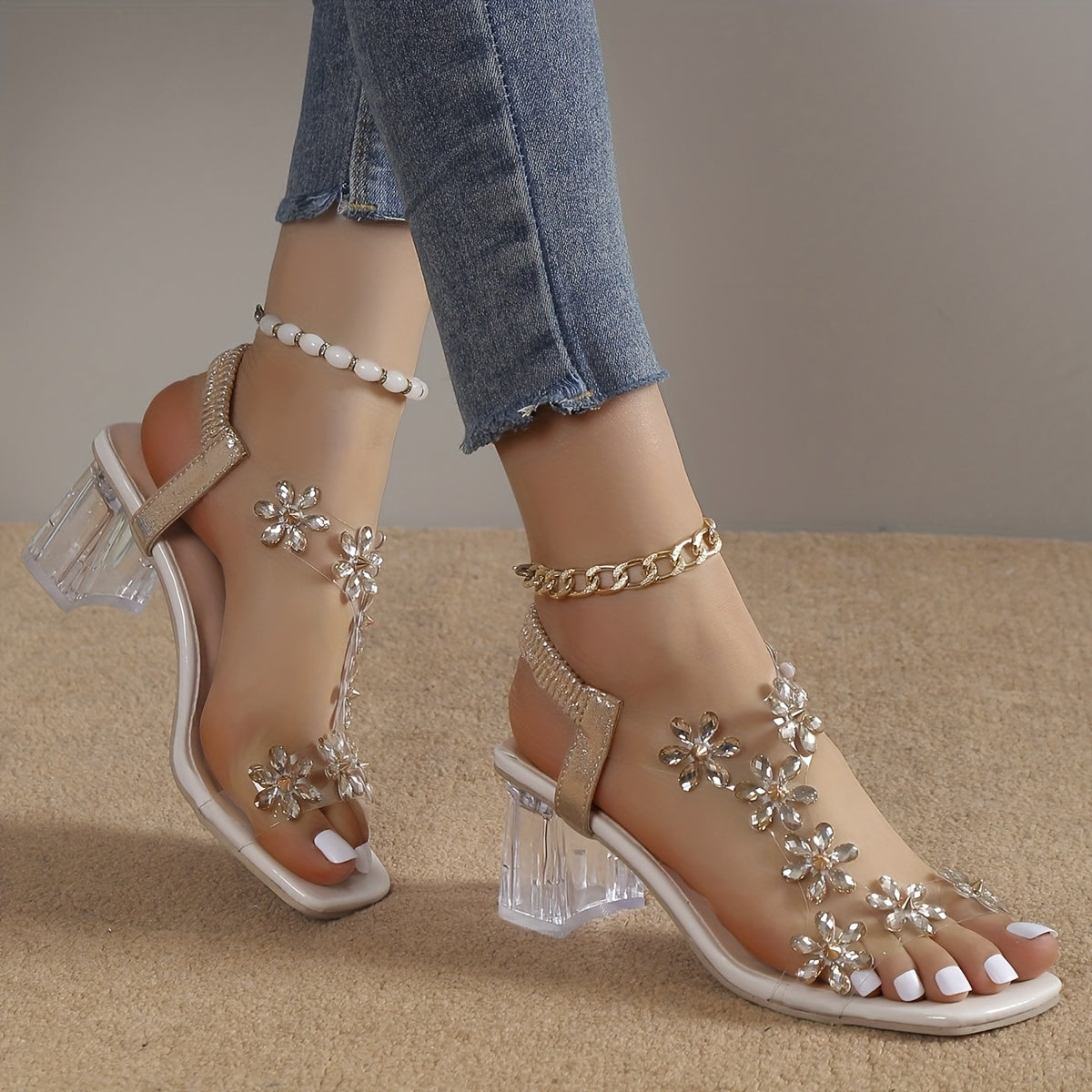 Women's Wide Width High-Heel Sandals with nkle Strap & TPU Platform - Beige/Golden Flower-dorned Toe, White -like Beads - Slip-On Chunky Block Heels for Weddings, Parties, Beach - -Season Dress, High Heels For Women, High Hee