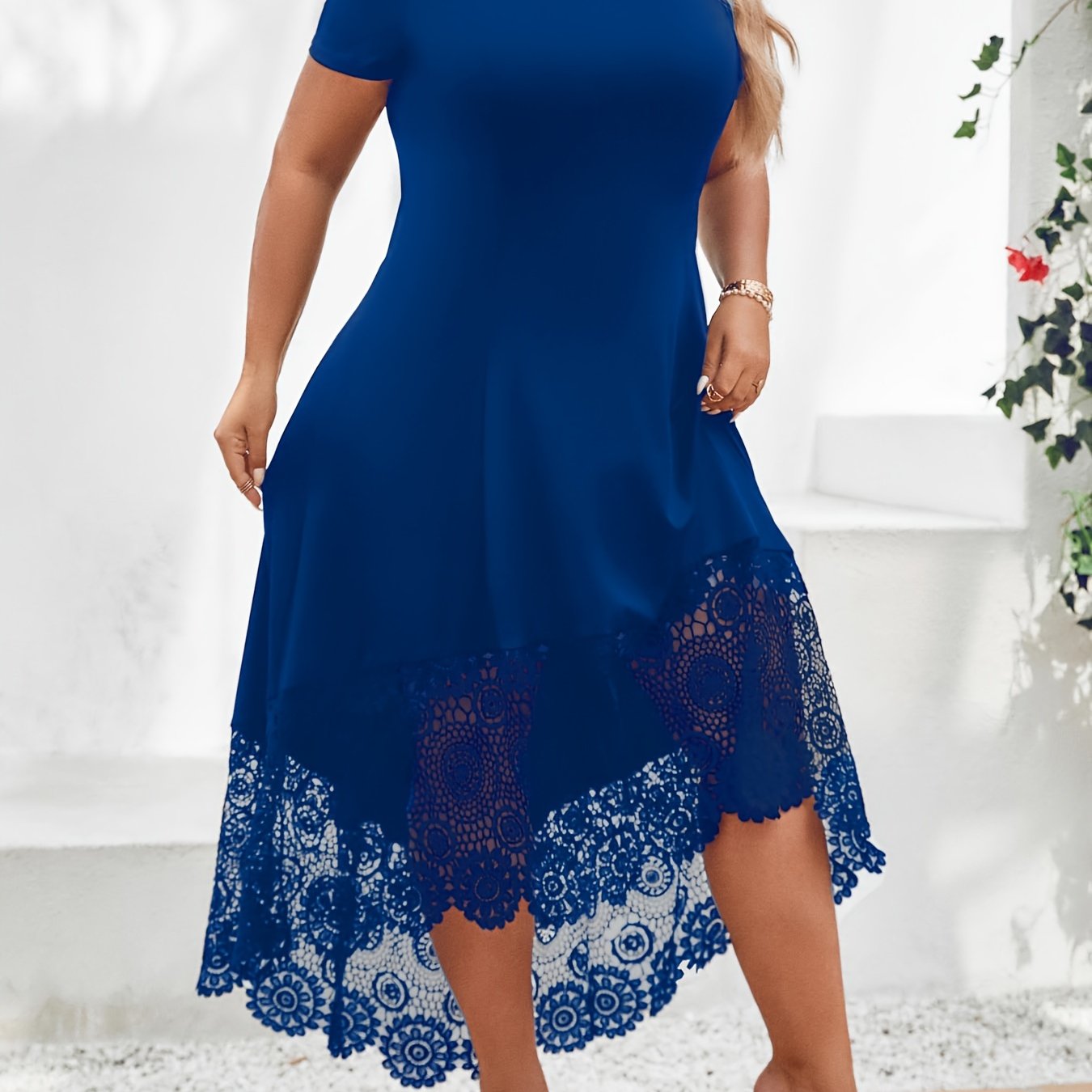 Chic Plus Size Womens Casual Dress - Fashionable Solid Color with Contrast Lace Trim, Cold Shoulder Design, Asymmetrical Hem, Medium Stretch for Flattering Comfort
