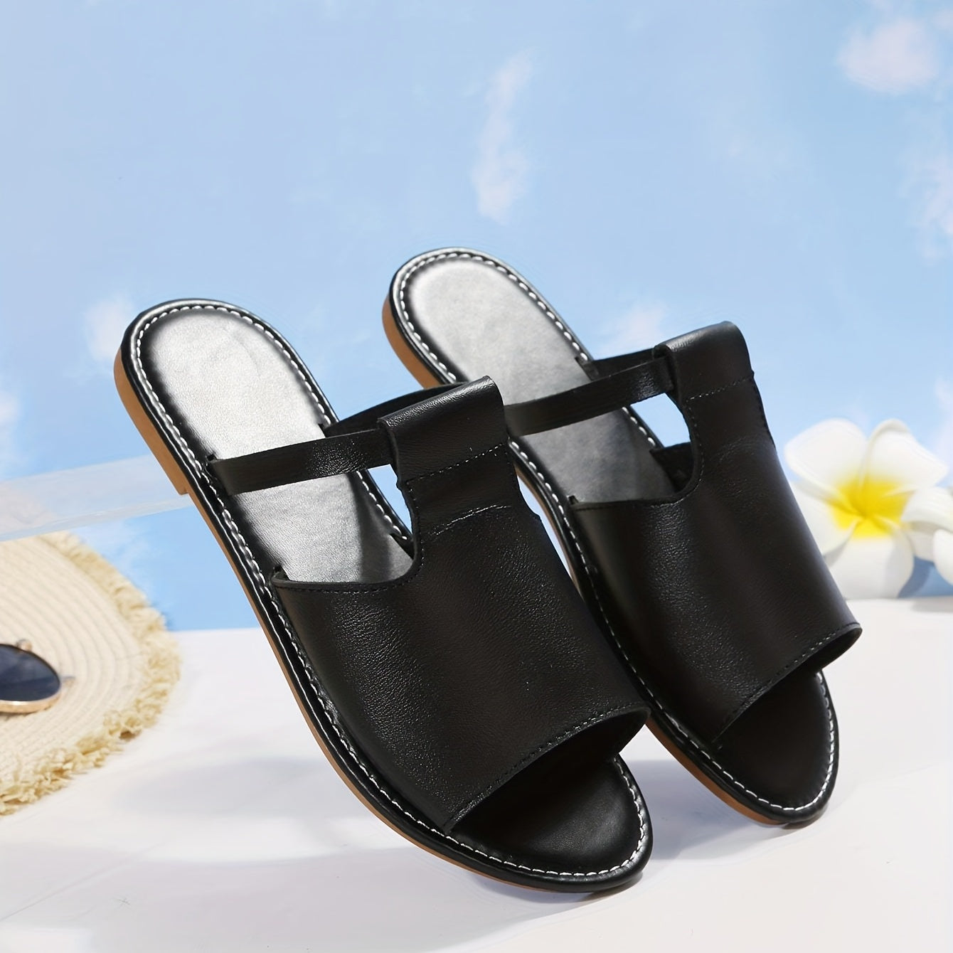 Womens Comfortable Casual Slippers - Stylish Black Open Toe Non-Slip Slides - Durable Outdoor & Beach Ready, Quick-Dry Slip-On Shoes