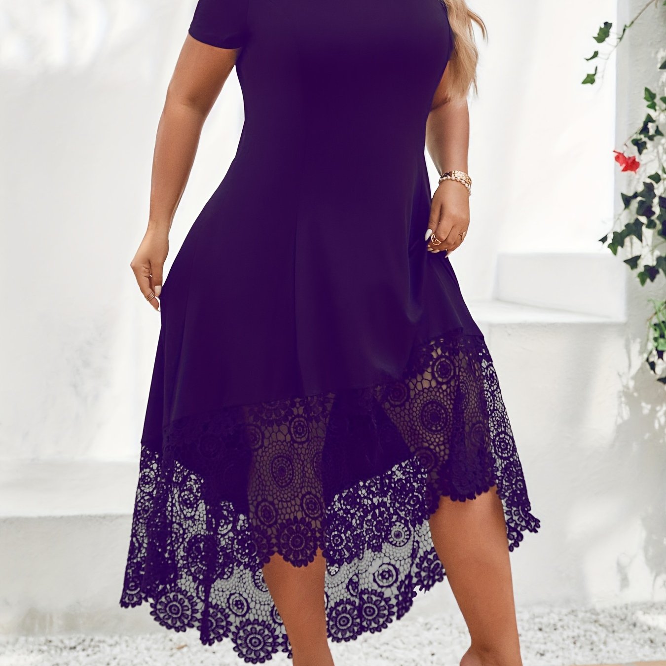 Chic Plus Size Womens Casual Dress - Fashionable Solid Color with Contrast Lace Trim, Cold Shoulder Design, Asymmetrical Hem, Medium Stretch for Flattering Comfort