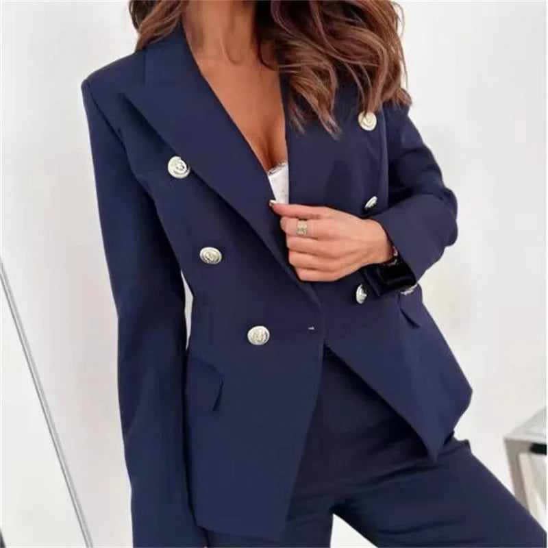 Slim Fit Double Breasted Ladies Suit Jacket Thin Commuter Style Waist Cinching Outerwear V Neck Full Sleeve Elasticated Cuff