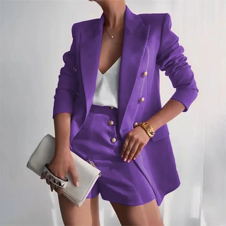 Slim Fit Double Breasted Ladies Suit Jacket Thin Commuter Style Waist Cinching Outerwear V Neck Full Sleeve Elasticated Cuff