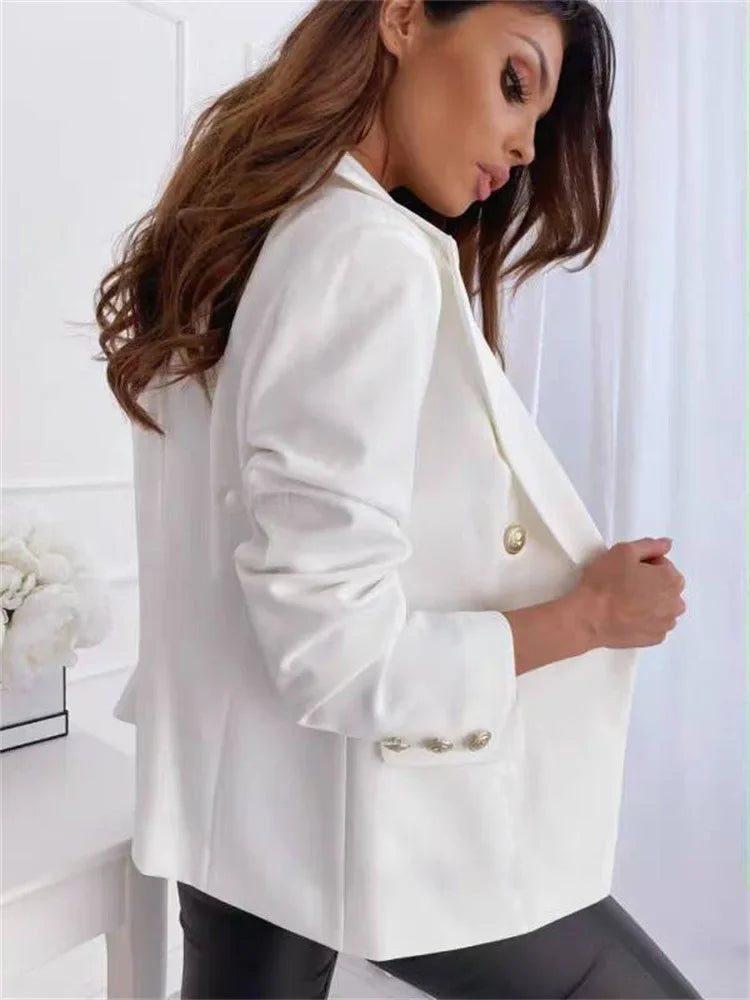 Slim Fit Double Breasted Ladies Suit Jacket Thin Commuter Style Waist Cinching Outerwear V Neck Full Sleeve Elasticated Cuff