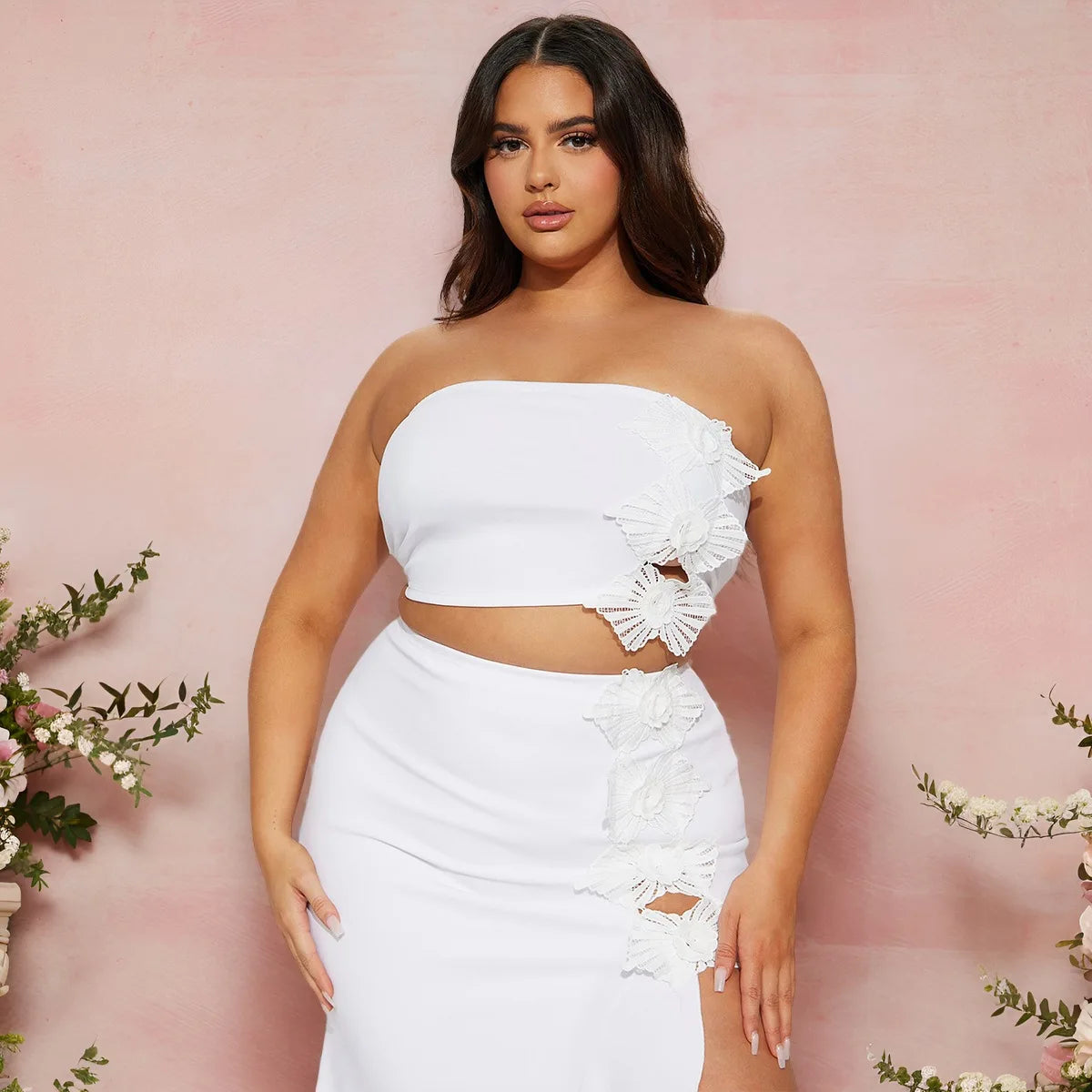 CM.YAYA Bowknot Side Women's Dress Set Strapless Crop Top and Ruffles Split Midi Maxi Long Skirt Suit Two 2 Piece Set Outfits