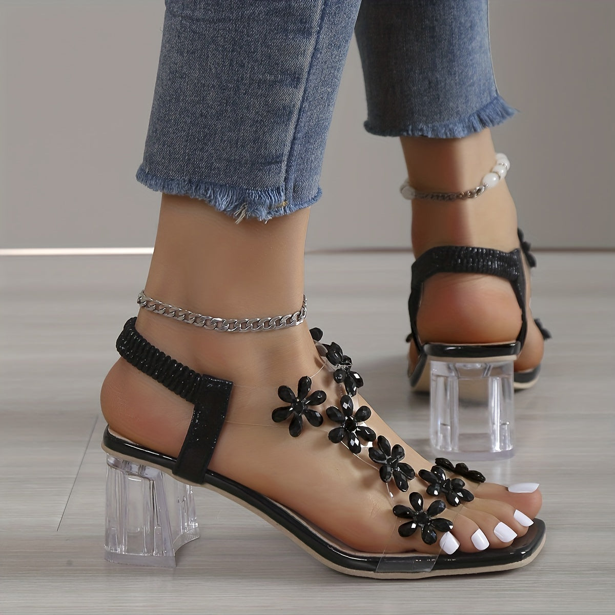 Women's Wide Width High-Heel Sandals with nkle Strap & TPU Platform - Beige/Golden Flower-dorned Toe, White -like Beads - Slip-On Chunky Block Heels for Weddings, Parties, Beach - -Season Dress, High Heels For Women, High Hee