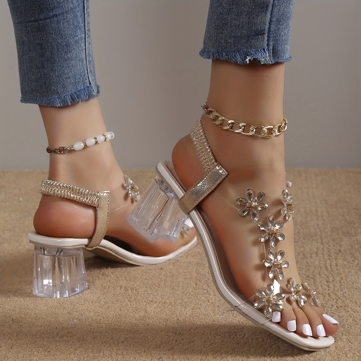 Women's Wide Width High-Heel Sandals with nkle Strap & TPU Platform - Beige/Golden Flower-dorned Toe, White -like Beads - Slip-On Chunky Block Heels for Weddings, Parties, Beach - -Season Dress, High Heels For Women, High Hee
