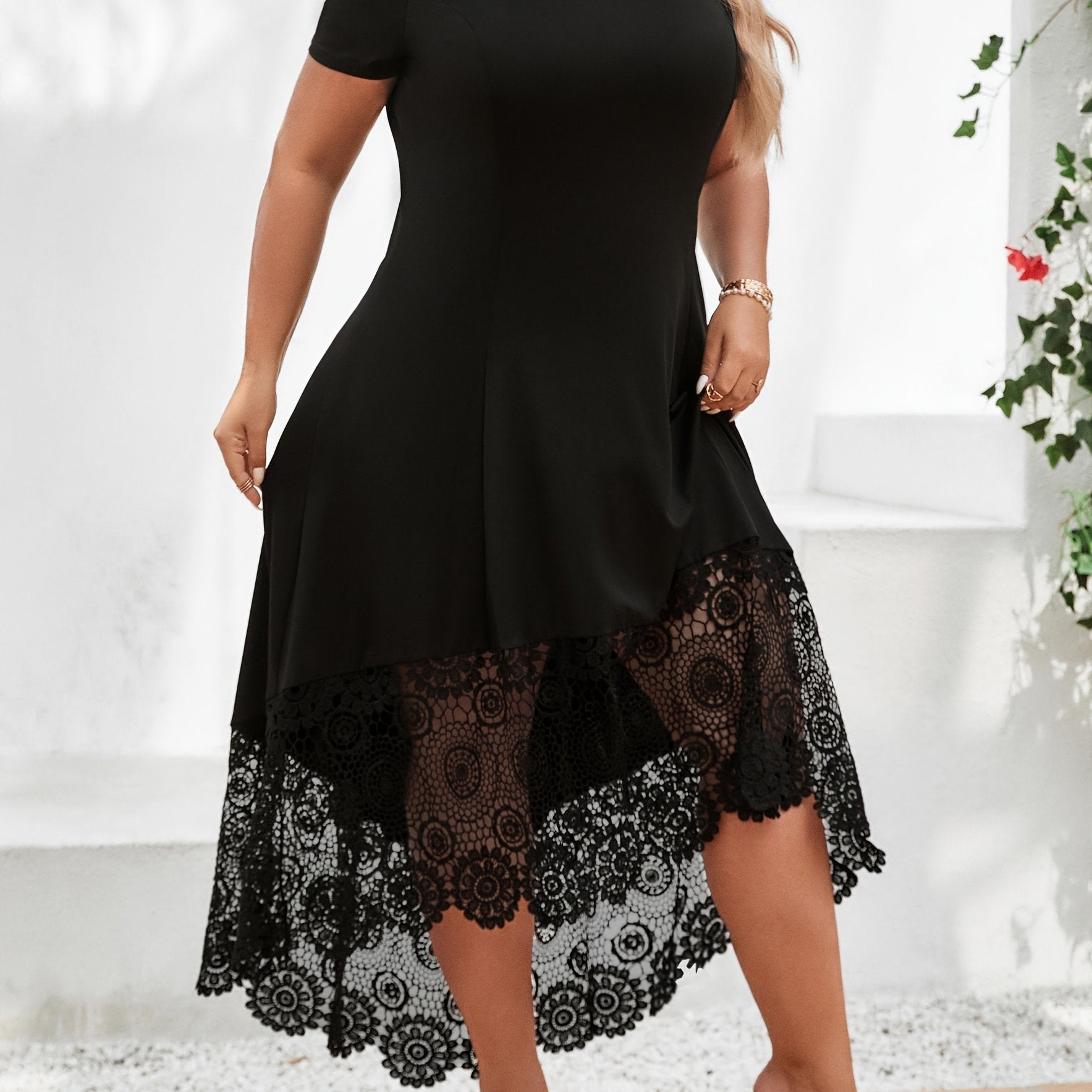 Chic Plus Size Womens Casual Dress - Fashionable Solid Color with Contrast Lace Trim, Cold Shoulder Design, Asymmetrical Hem, Medium Stretch for Flattering Comfort