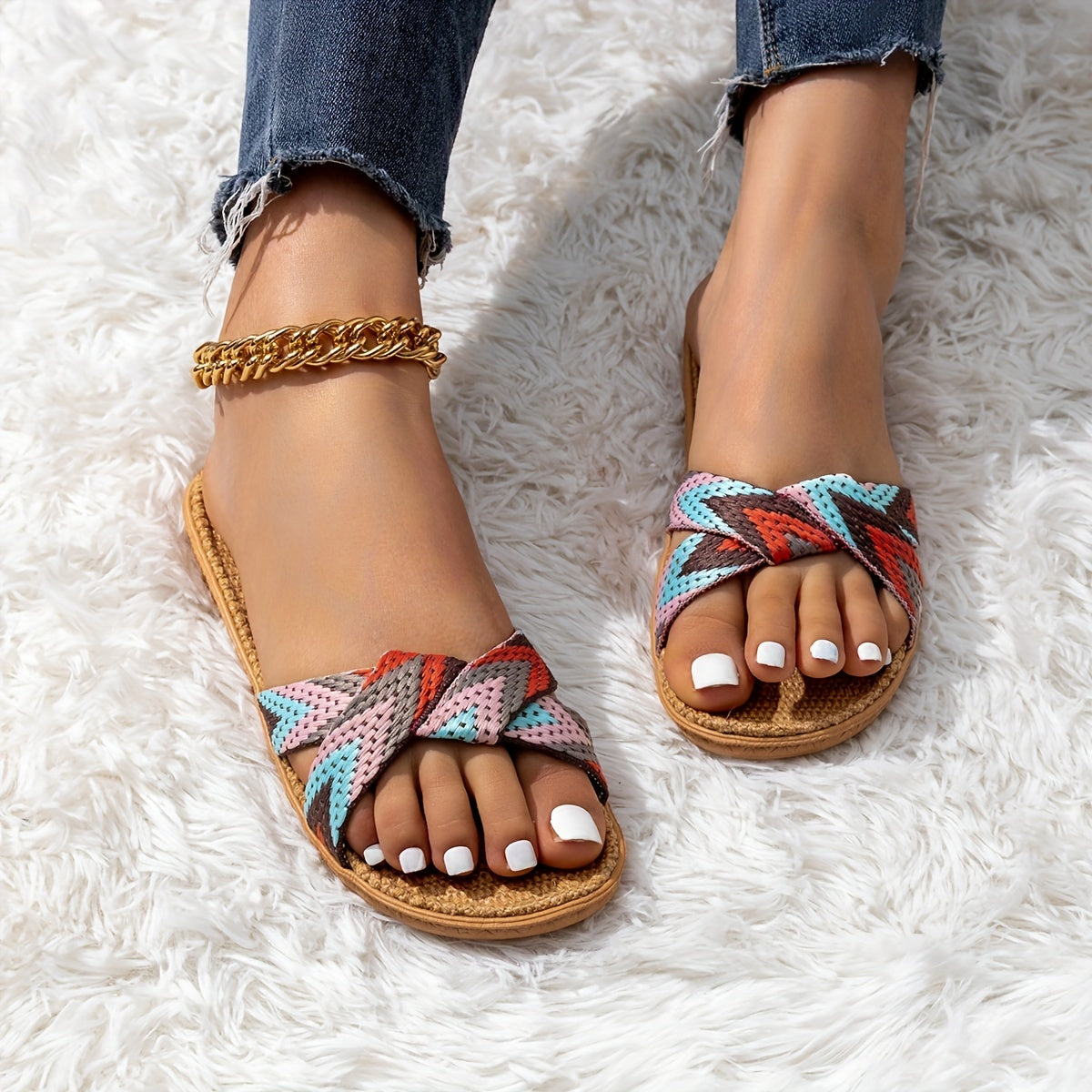 Womens Linen Slides with Stylish Cross Band - Ultra-Comfortable & Non-Slip - Open Toe Flat Shoes for Indoor Mute Wear