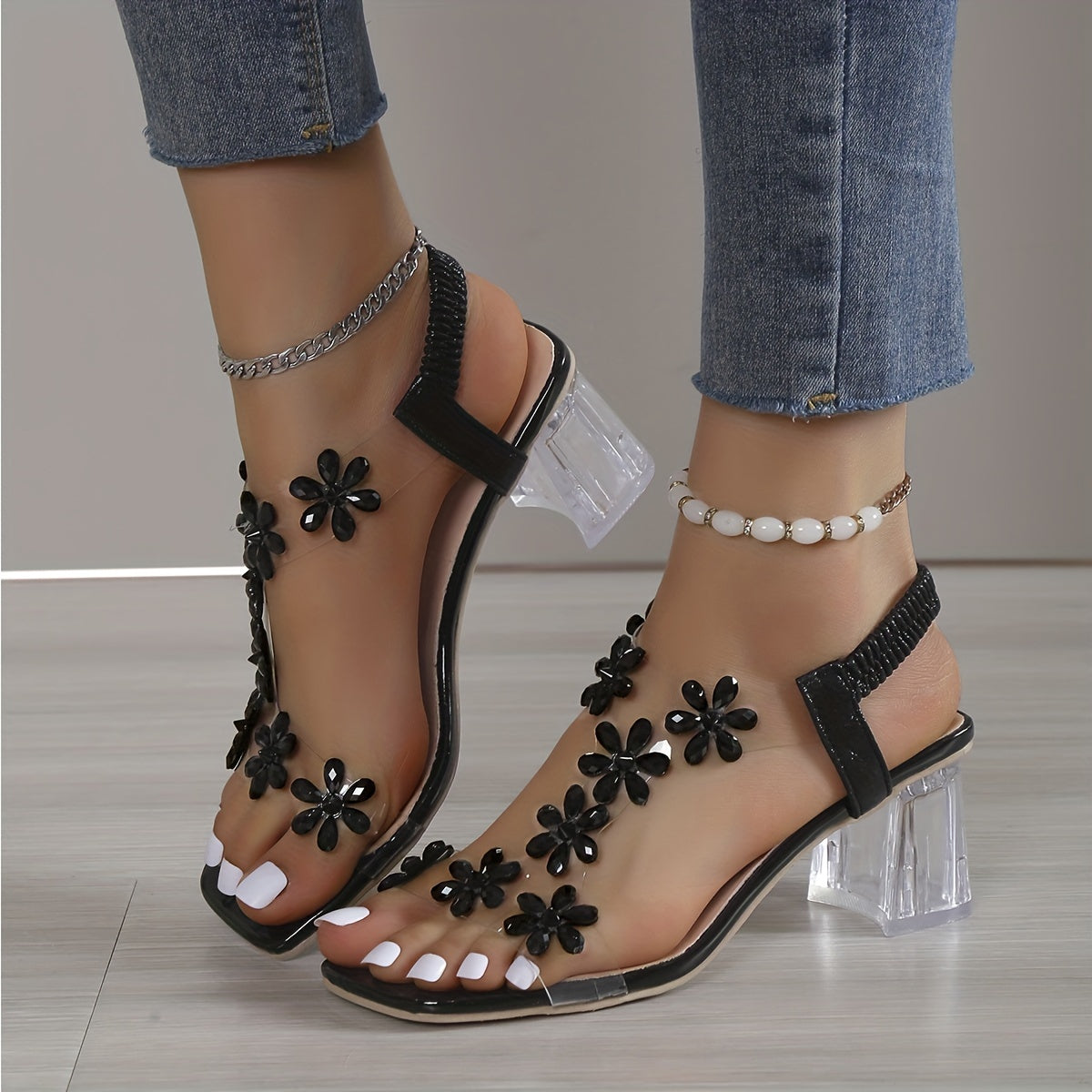 Women's Wide Width High-Heel Sandals with nkle Strap & TPU Platform - Beige/Golden Flower-dorned Toe, White -like Beads - Slip-On Chunky Block Heels for Weddings, Parties, Beach - -Season Dress, High Heels For Women, High Hee